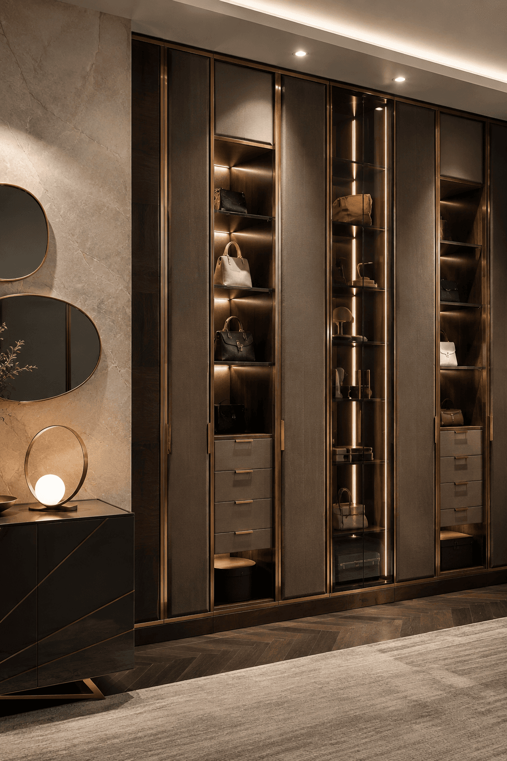 Custom cabinetry and leather wall panel craftsmanship